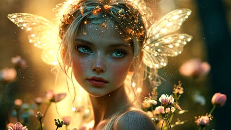 young girl with butterfly wings in a magical flower garden at sunset