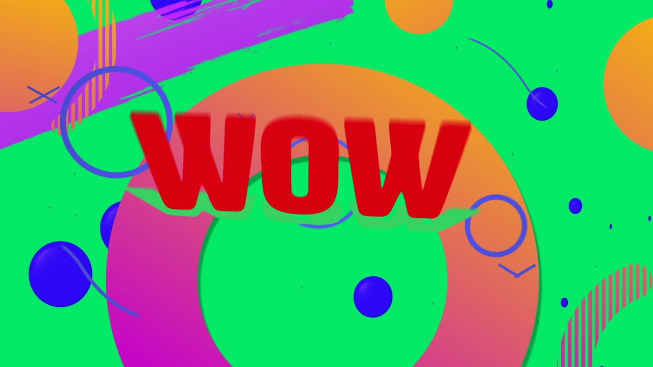 Animazione del testo 'wow' su sfondo con forme astratte