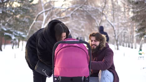 parents pushing baby stroller in a snowy park