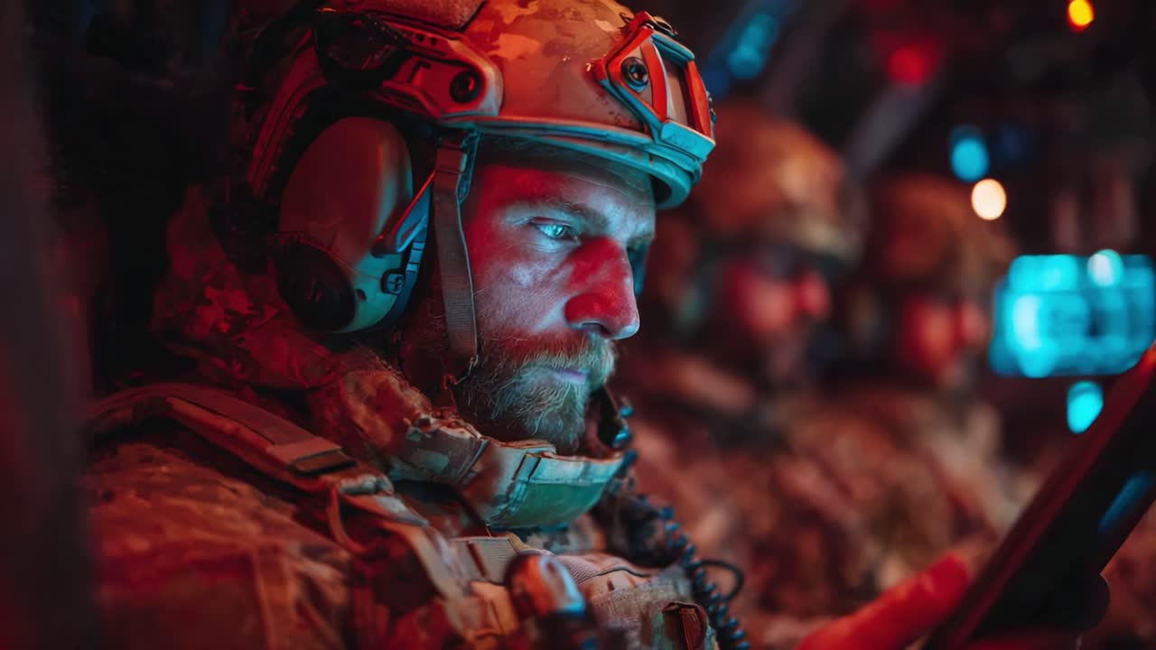 Intense Focus and Readiness: A Soldier Prepares for Action While Engaged with Technology Amidst a High-Tech Military Environment