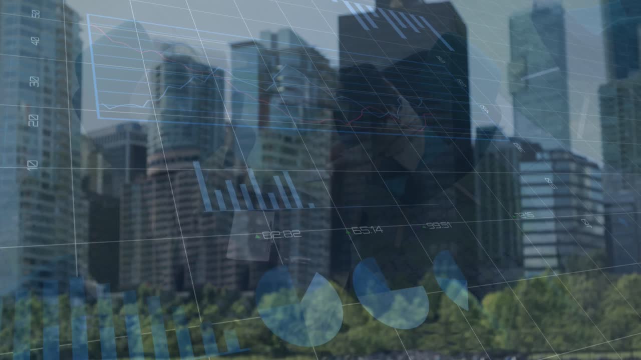 animación del procesamiento de datos estadísticos a través de la red de cuadrícula frente a una vista aérea del paisaje urbano