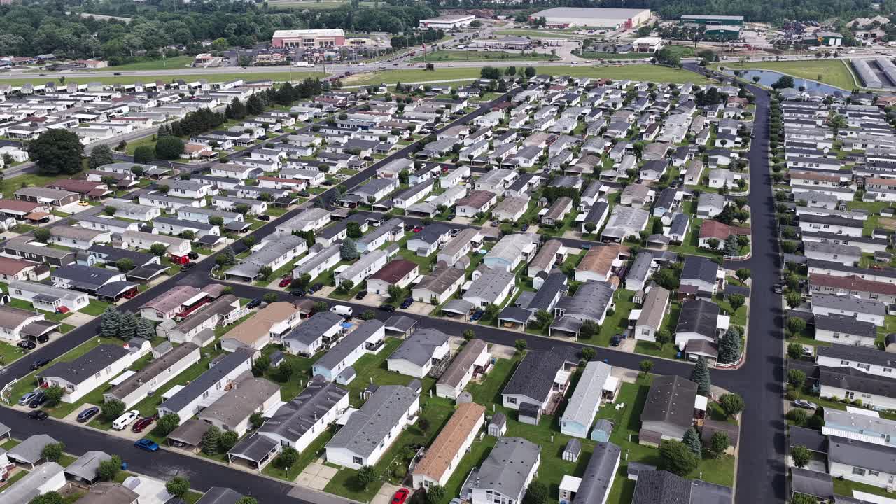 Overhead drone video of a nice neat trailer park community in Indiana