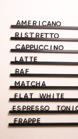 drinks menu with numbers