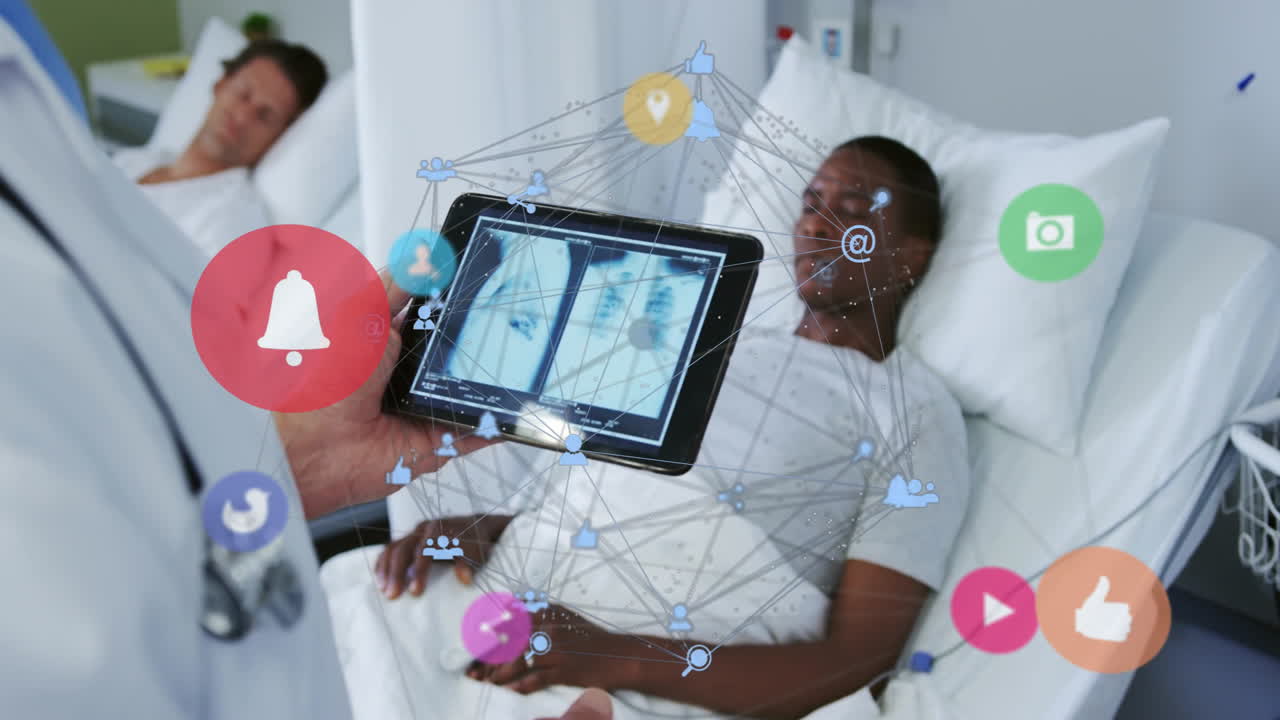 Examining X-ray on tablet, doctor viewing animation with social media overlay