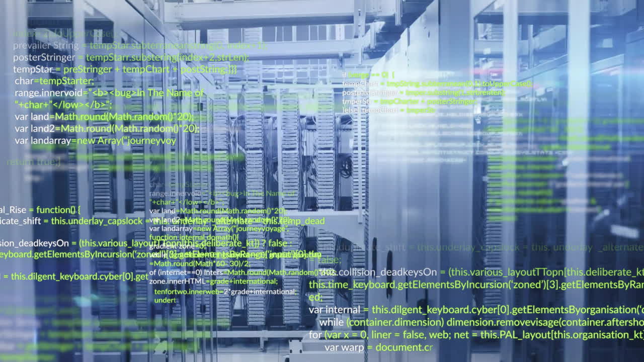 Animation of layers of yellow and white text data processing over server room