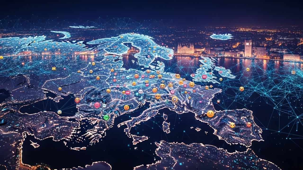 Vista aerea dell'Europa collegata da reti digitali e visualizzazione dati di notte, che mostra punti di riferimento urbani e luci vivaci della città in tutto il continente
