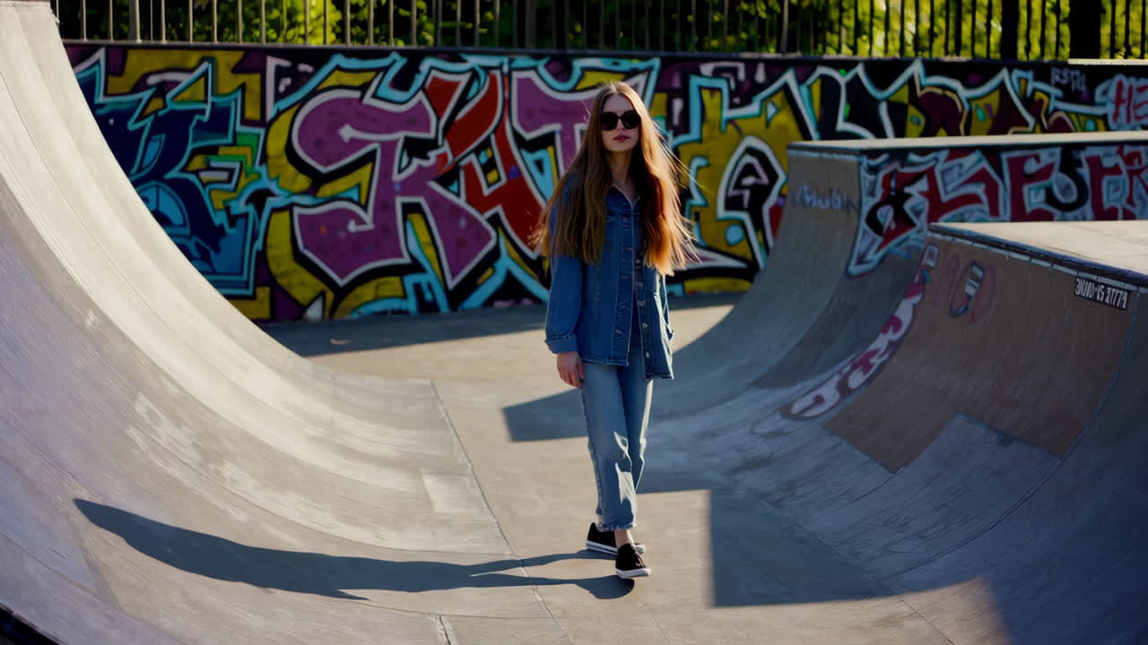 Giovane donna che cammina attraverso uno skate park coperto di graffiti