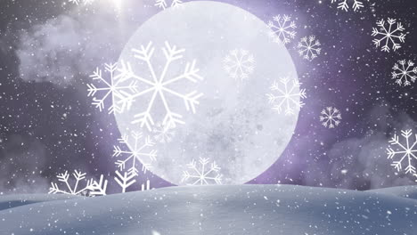 animation of snow falling over moon and winter landscape