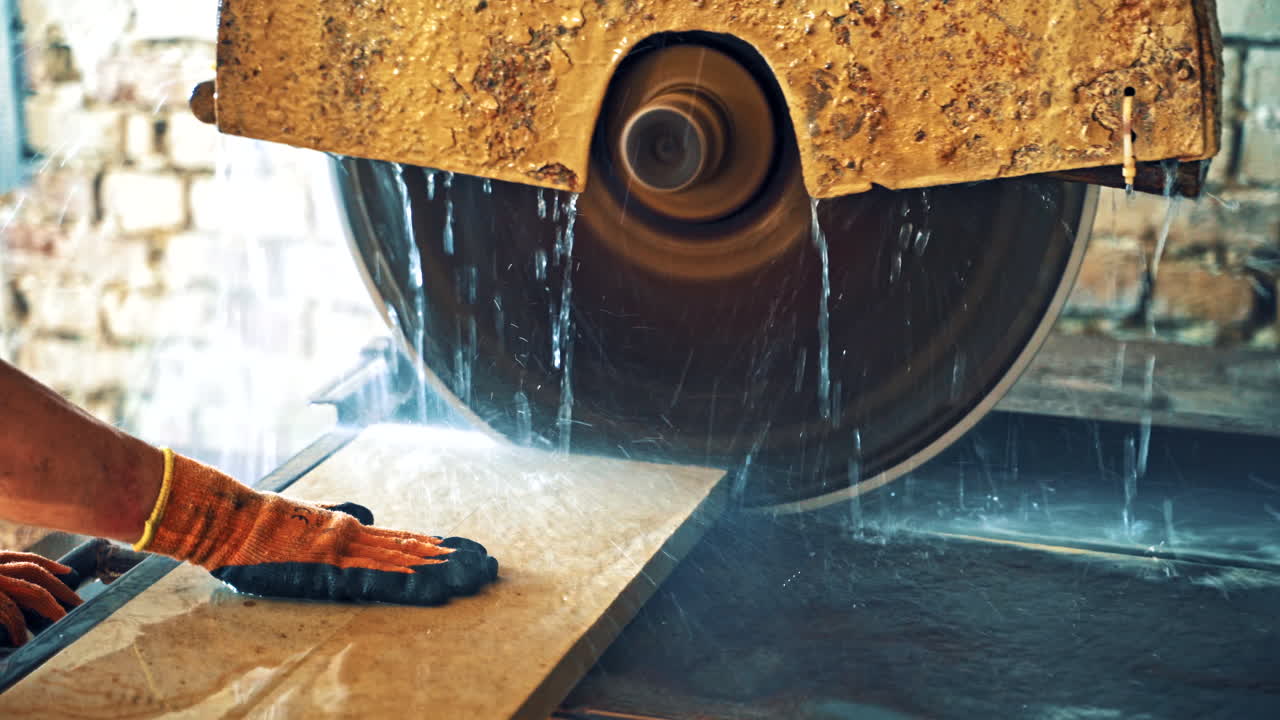Automated circular saw cuts the stone slab at industrial factory. Process of cutting stove with water. Circle wheel of electric machine for cutting stone slab.