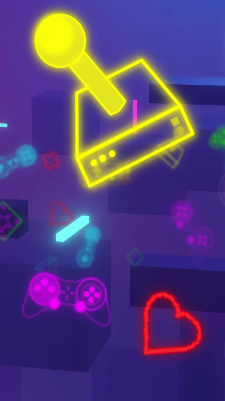 Video verticale: Panoramica verso l'alto che mostra un joystick al neon che avanza e si ridimensiona, poggiato su dei gradini, a rappresentare il gaming.
