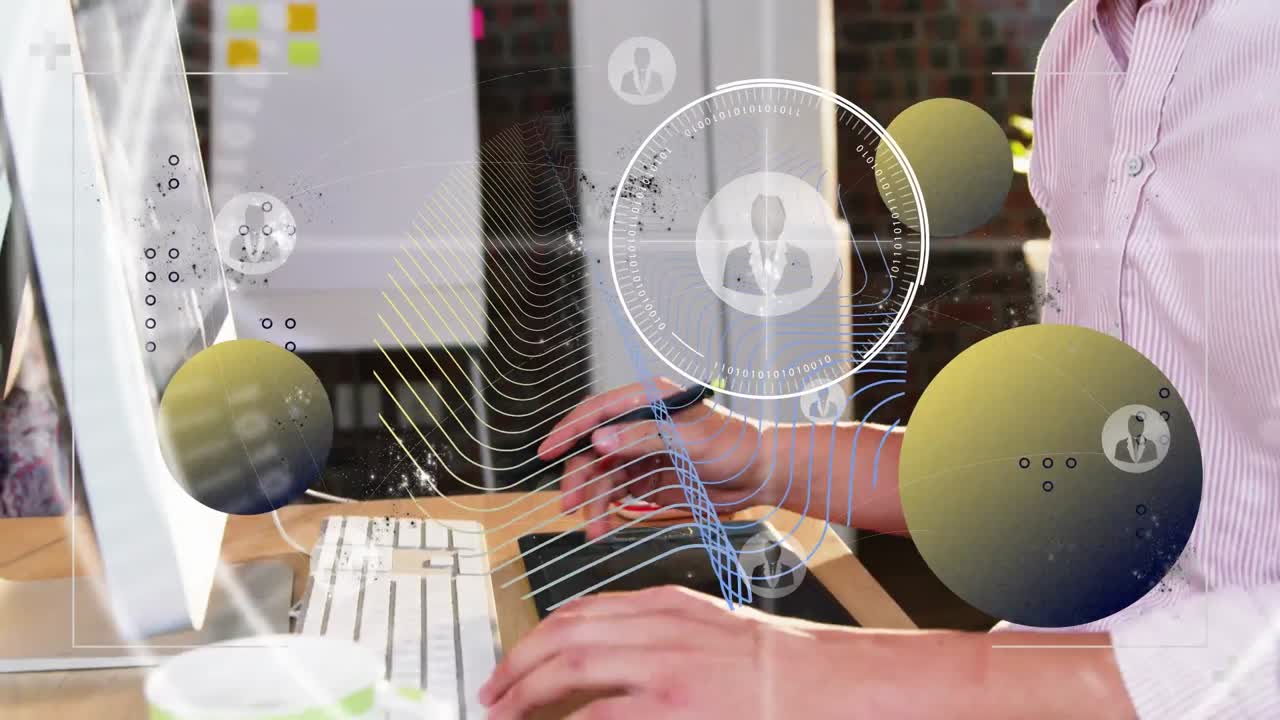 Animation of network of connections with icons over caucasian businessman