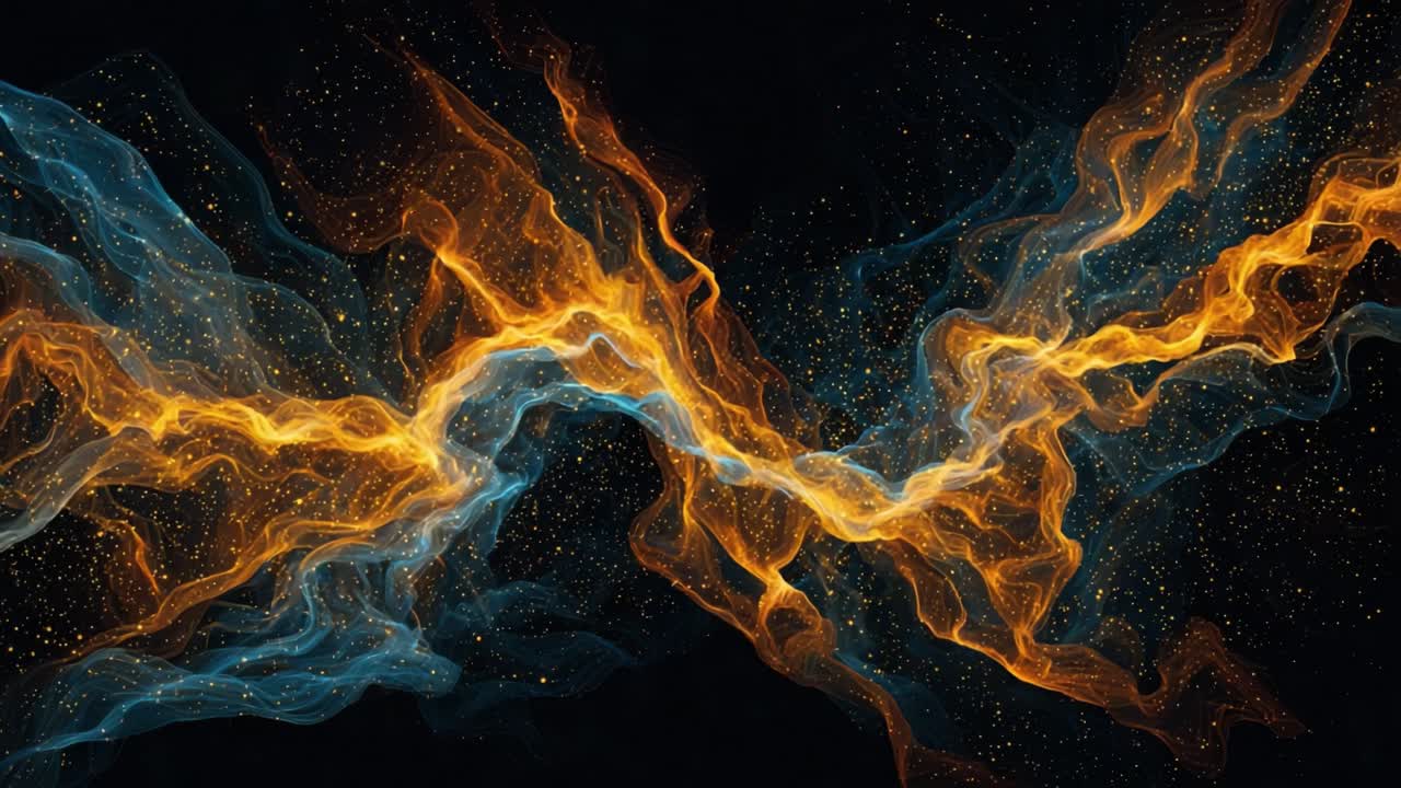 Luminous golden and turquoise nebulae flowing gracefully through deep space, with shimmering particles creating a captivating cosmic spectacle of light and color against a dark background