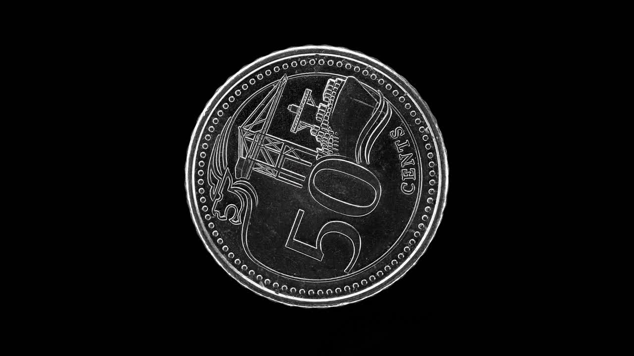 Singapore 50 cent 2015 reverse with lion-head motif, port of Singapore and denomination, macro loop on black background
