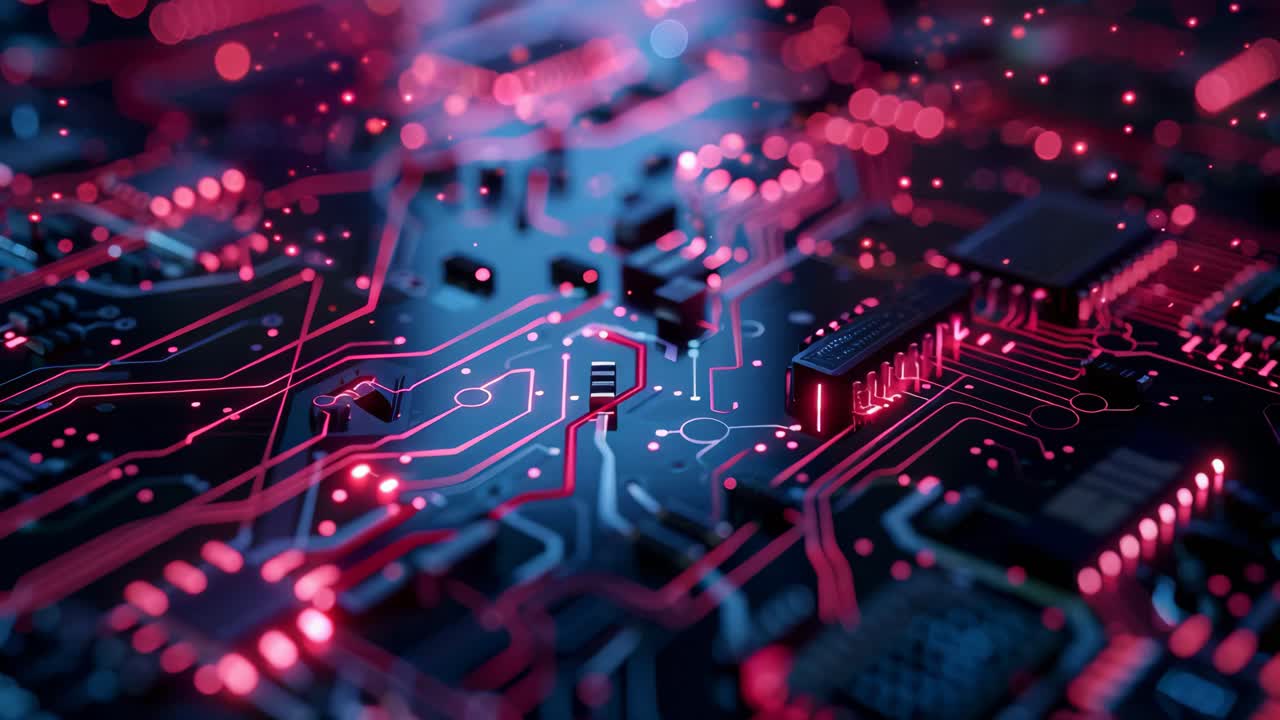 Close-up view of a circuit board with glowing elements.