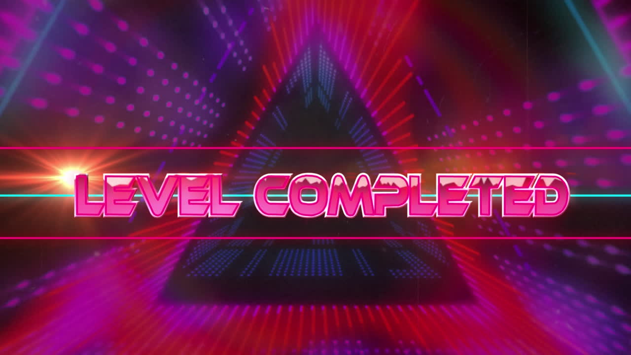 빛나는 네온 터널 위에 완성된 레벨 텍스트의 애니메이션