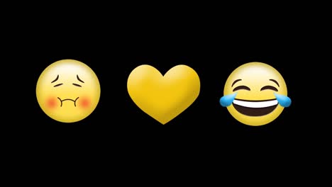 Digital-animation-of-laughing,-sick-and-yellow-heart-icon-against-black-background