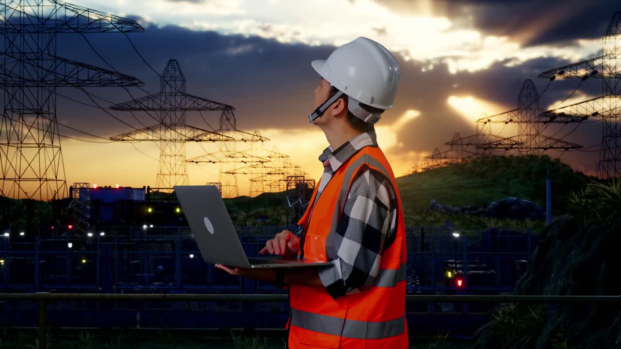 Side View Of Asian Male Engineer With Safety Helmet Working On A Laptop And Looking Around While Standing Near High Voltage Tower