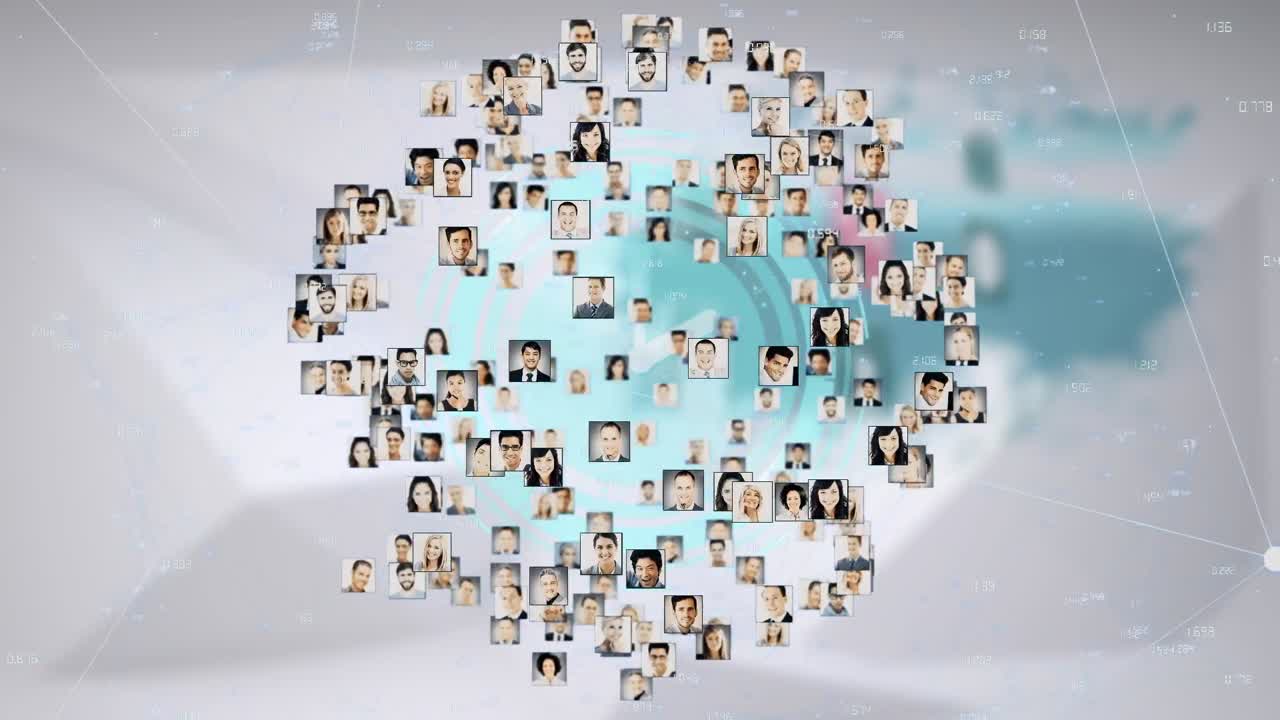 베이지색 배경 위에 다양한 사용자와 연결의 사진으로 만들어진 지구의 애니메이션