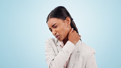 Neck-pain,-stress-and-business-woman-in-studio