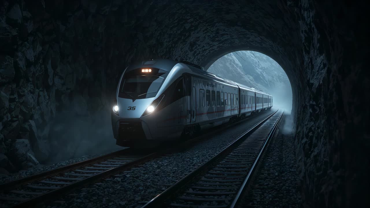 Departing blue exterior, modern train 35 moving on twin tracks in tunnel, headlights cutting mist