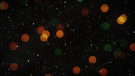 composición de video con nieve sobre luces coloridas borrosas