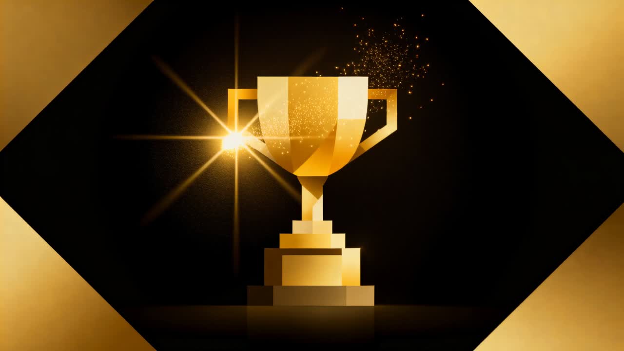 Glinting gold trophy catching moving flare on dark stage, showing hexagon frame for celebration