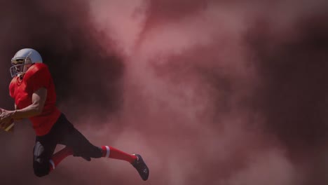 animación de un jugador de rugby caucásico atrapando la pelota contra el espacio de copia en nubes oscuras
