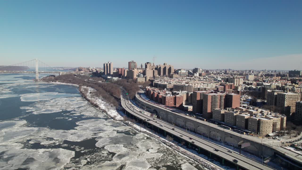 West Side Highway in Winter, Washington Heights and Harlem, NYC, 4K aerial shot