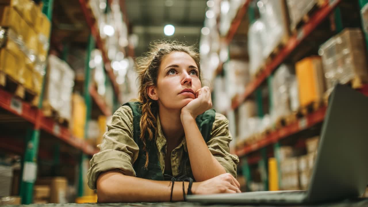 Contemplative Worker in Warehouse: A Young Woman Reflects on Tasks and Challenges While Surrounded by Stock and Inventory in a Busy Storage Facility