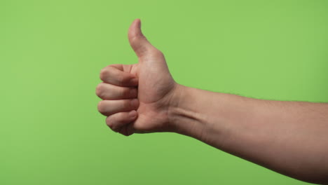 adult hand white man showing thumbs up in front of chroma green screen