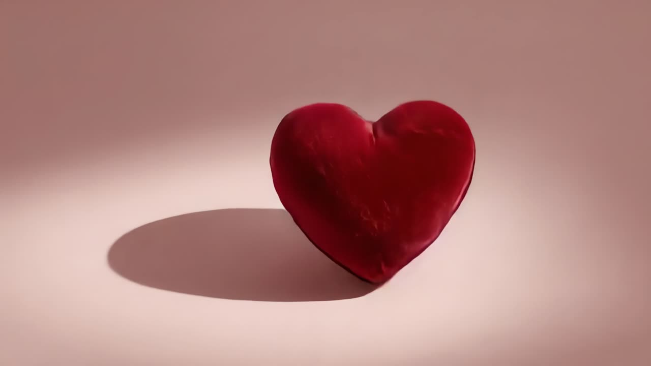 Luce mutevole che sollecita un cuore di peluche rosso sollevandosi e posandosi su un set rosa caldo, mostrando un'ombra di velluto