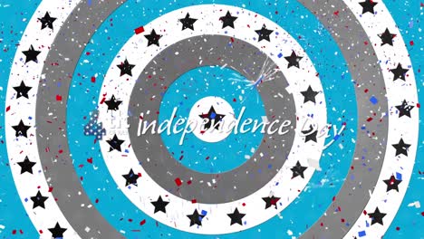 confeti cayendo sobre el texto de la feliz independencia sobre las estrellas en círculos giratorios sobre fondo azul