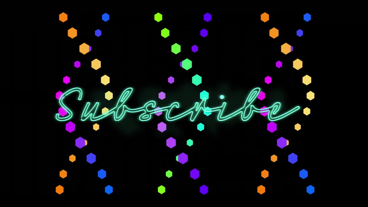 Glowing neon Subscribe text over colorful hexagonal animation on black background