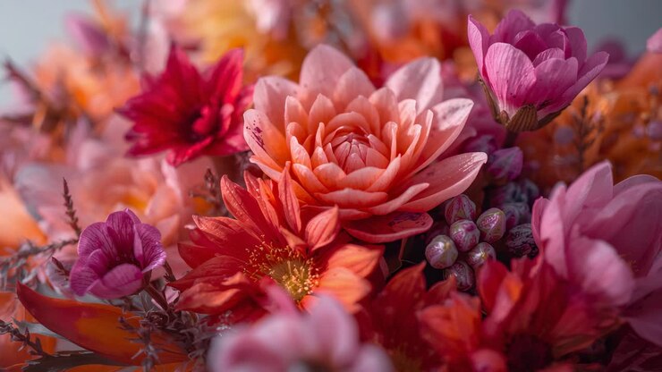 Die Kamera zieht zurück und enthüllt einen Blumenstrauß auf dem Tisch mit pfirsichrosafarbenen Dahlien und silberfarbenen Knospen