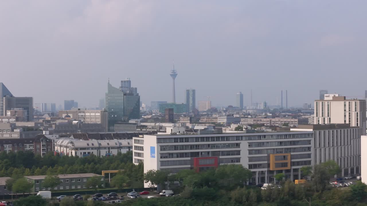 Drone view of Düsseldorf skyline from Flingern suburb