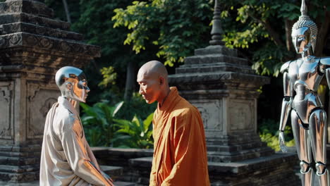 monk and robot in a temple