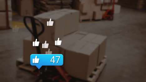 Animation-Von-Social-Media-Benachrichtigungen-Und-„Gefällt-Mir“-Symbolen-über-Kartons-Auf-Einem-Lagerwagen
