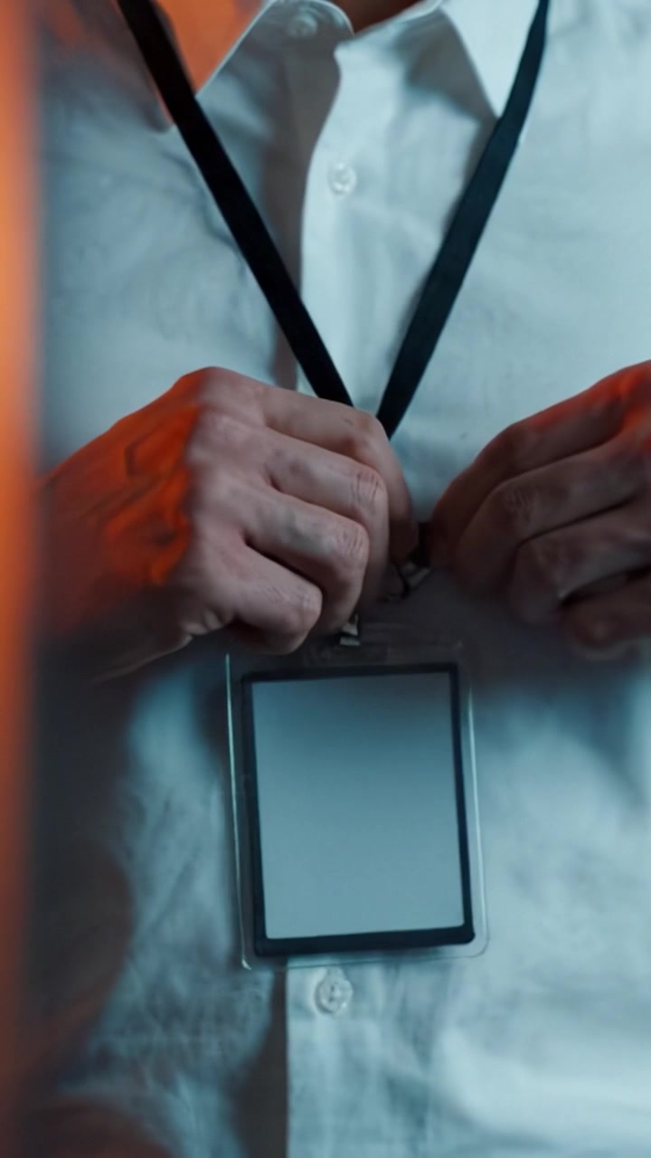 Primo piano di un badge identificativo vuoto appeso a un cordino nero al collo di una persona, con una camicia bianca abbottonata e uno sfondo leggermente sfocato.