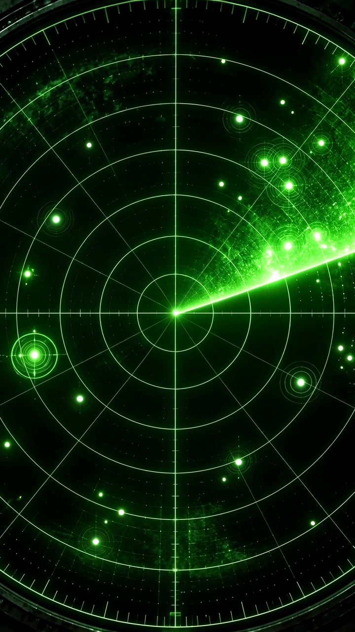 Un raggio di scansione verde luminoso ruota su una griglia radar concentrica mentre punti sparsi e marcatori di bersaglio delineati si spostano attorno a un display scuro, creando una visualizzazione di tracciamento attivo