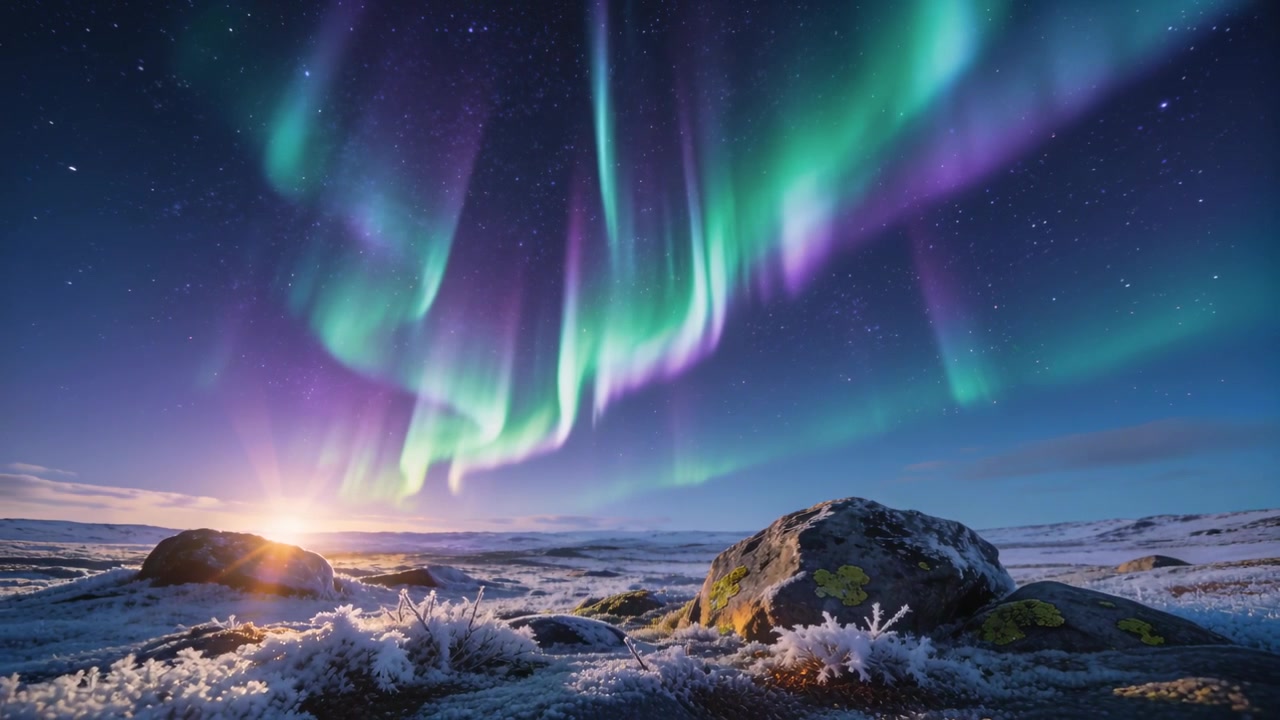 Tende aurorali increspate che si illuminano sopra la tundra gelata, mentre un debole bagliore sorge dietro una roccia con licheni.