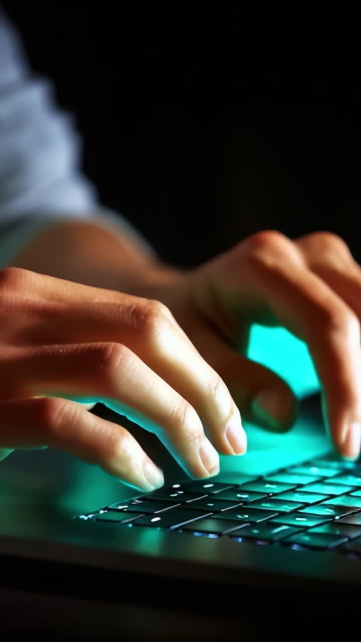 Close-Up of Hands Typing on a Laptop Keyboard with Dramatic Lighting and Focus on Fingertips, Showcasing the Art of Digital Communication and Work