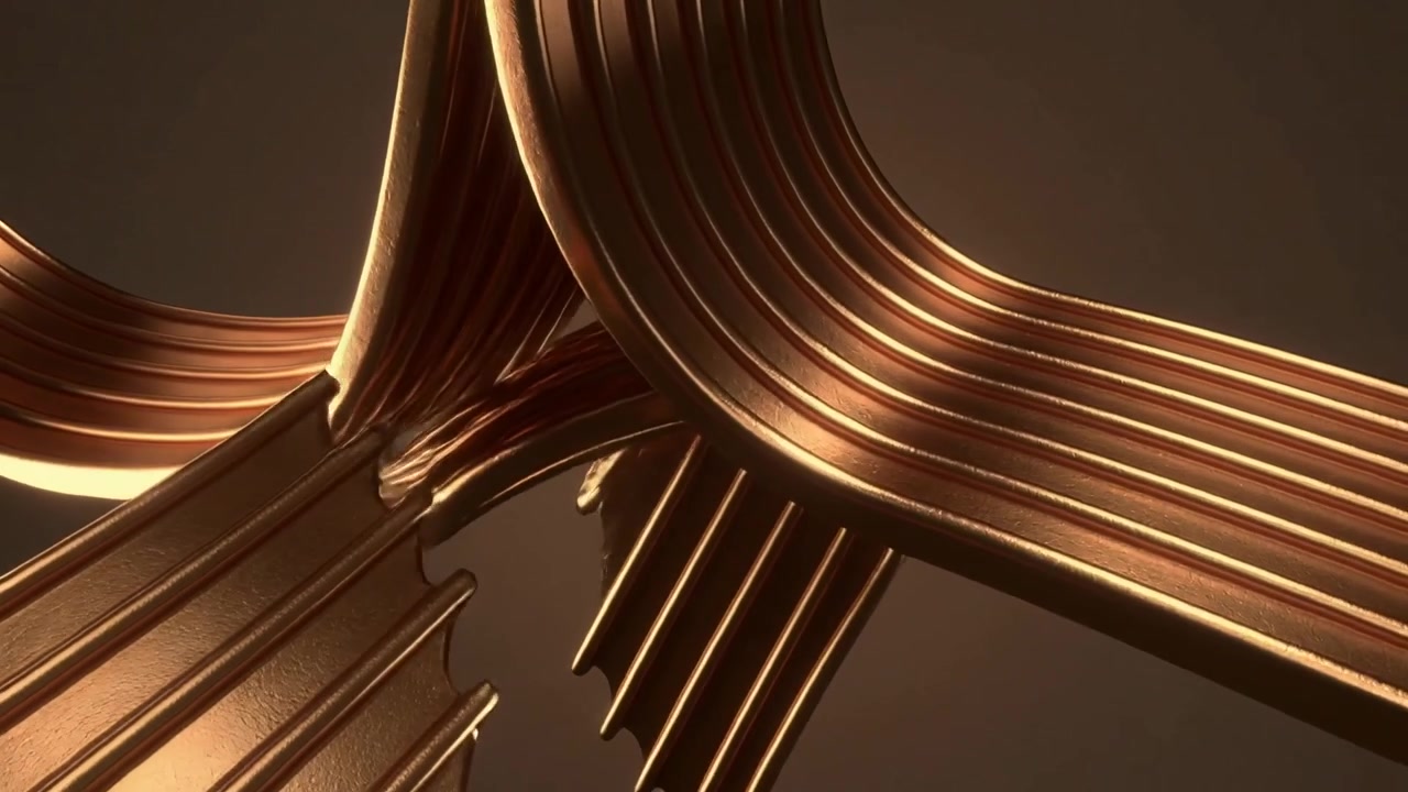 Moving copper-gold ribbons looping in studio as camera moving closer, revealing grooved junctions
