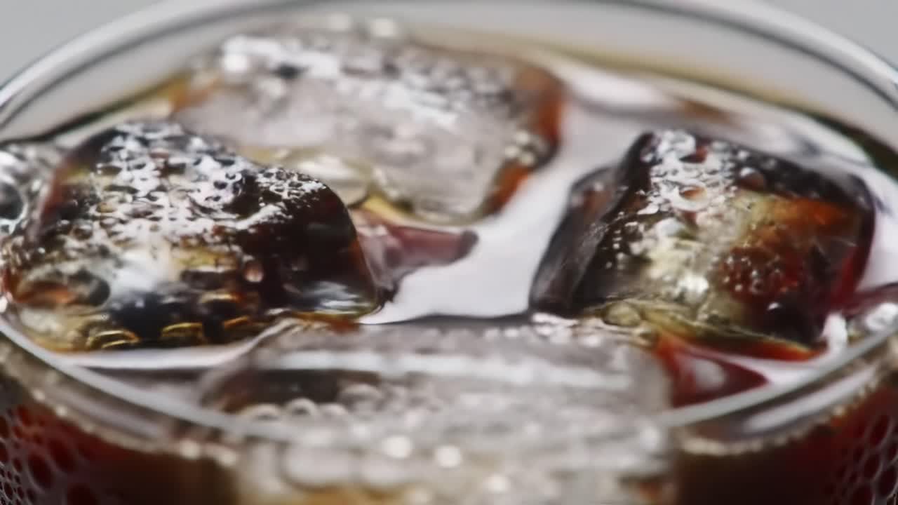 Close-Up of Carbonated Beverage with Ice Cubes Showcasing Bubbles and Refreshing Texture, Ideal for Beverage Enthusiasts and Culinary Explorations