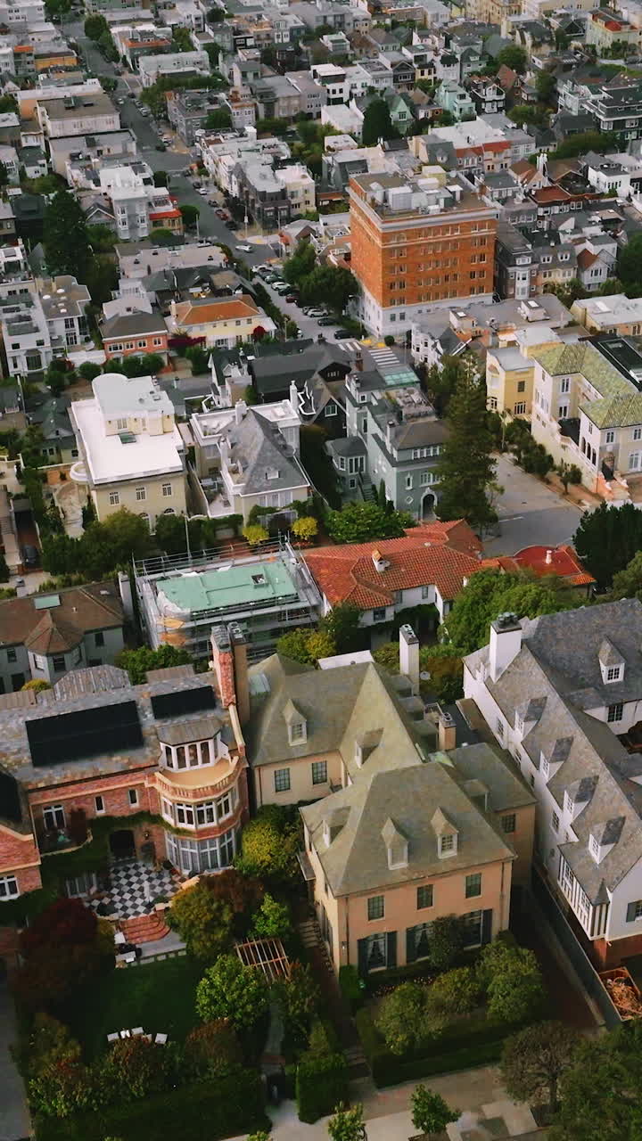 Rich exclusive mansions built closely to each other. View of beautiful San Francisco, California, USA from aerial perspective. Vertical video