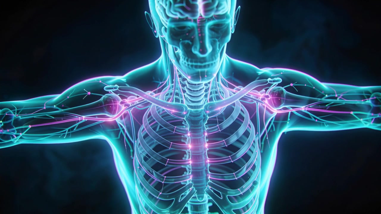 Camera panning causing torso pulsing pink paths in studio with lit brain nodes showing neural flow