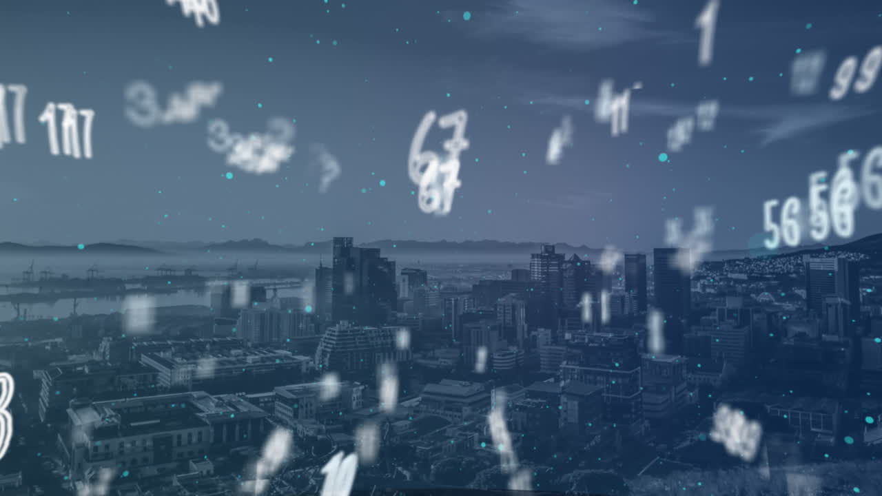 도시 풍경 위에서 떨어지는 숫자의 애니메이션
