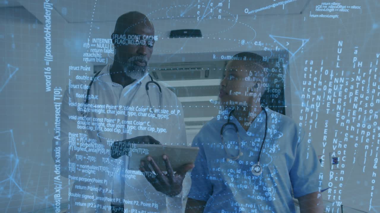 Doctor tapping tablet with nurse walking in corridor as code overlays displaying record
