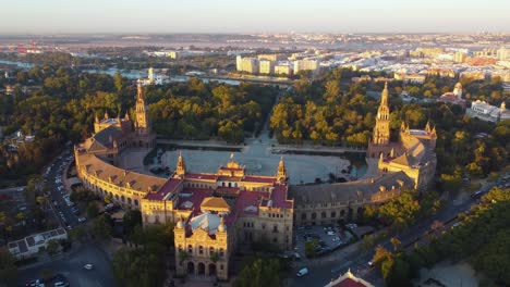 flying around plaza de espana at sunrise, seville, spain, uhd, 4k