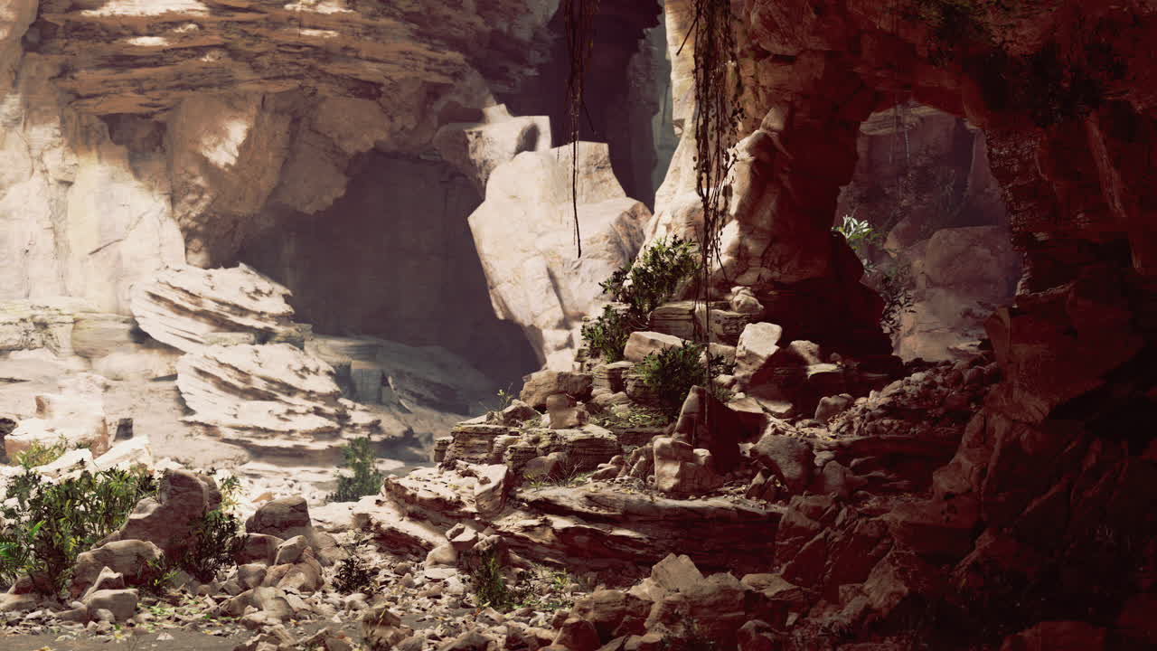 Serene cave landscape showcasing natural formations and greenery in daylight