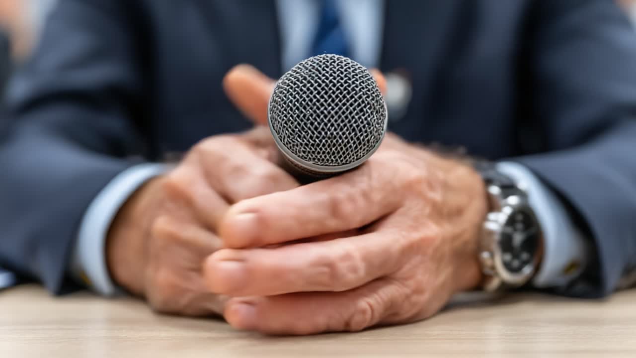 An Insightful Moment: A Close-Up of a Microphone Held Firmly in a Professional Setting Signifying Communication and Engagement in a Meeting or Presentation